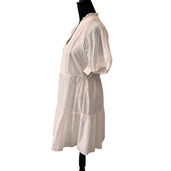 New CECE Women's White Eyelet Tiered Ruffle Neck Mini Dress Size M - Picture 2 of 4